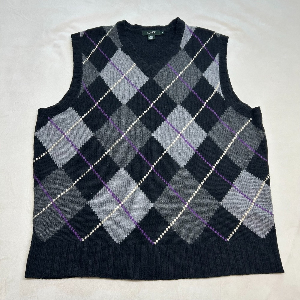 J Crew Sweater Vest Mens Large Lambswool Argyle Preppy Sleeveless Warm Soft